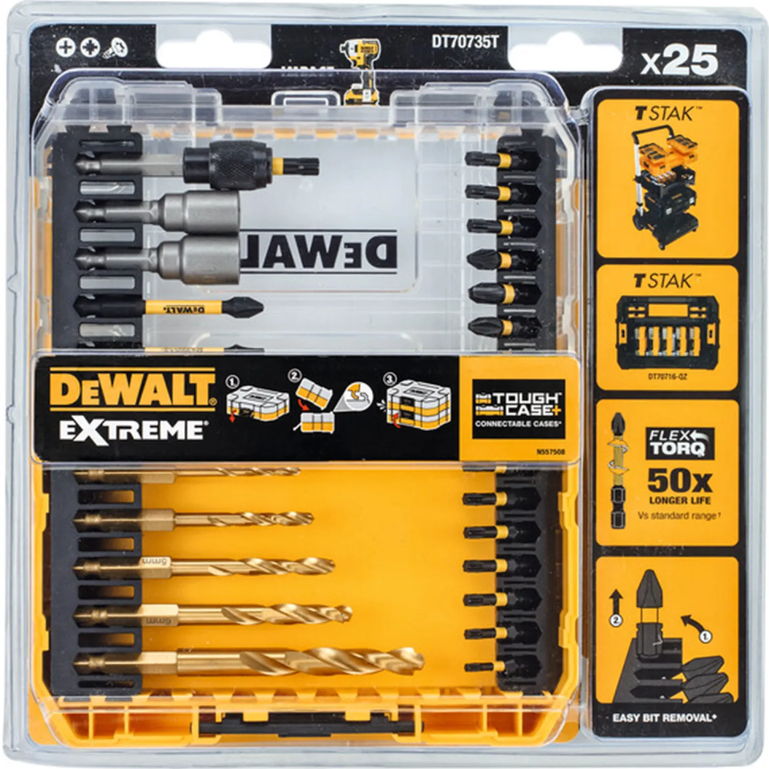 25-częściowy zestaw bitów udarowych Flextorq i wierteł do metalu DeWalt DT70735T