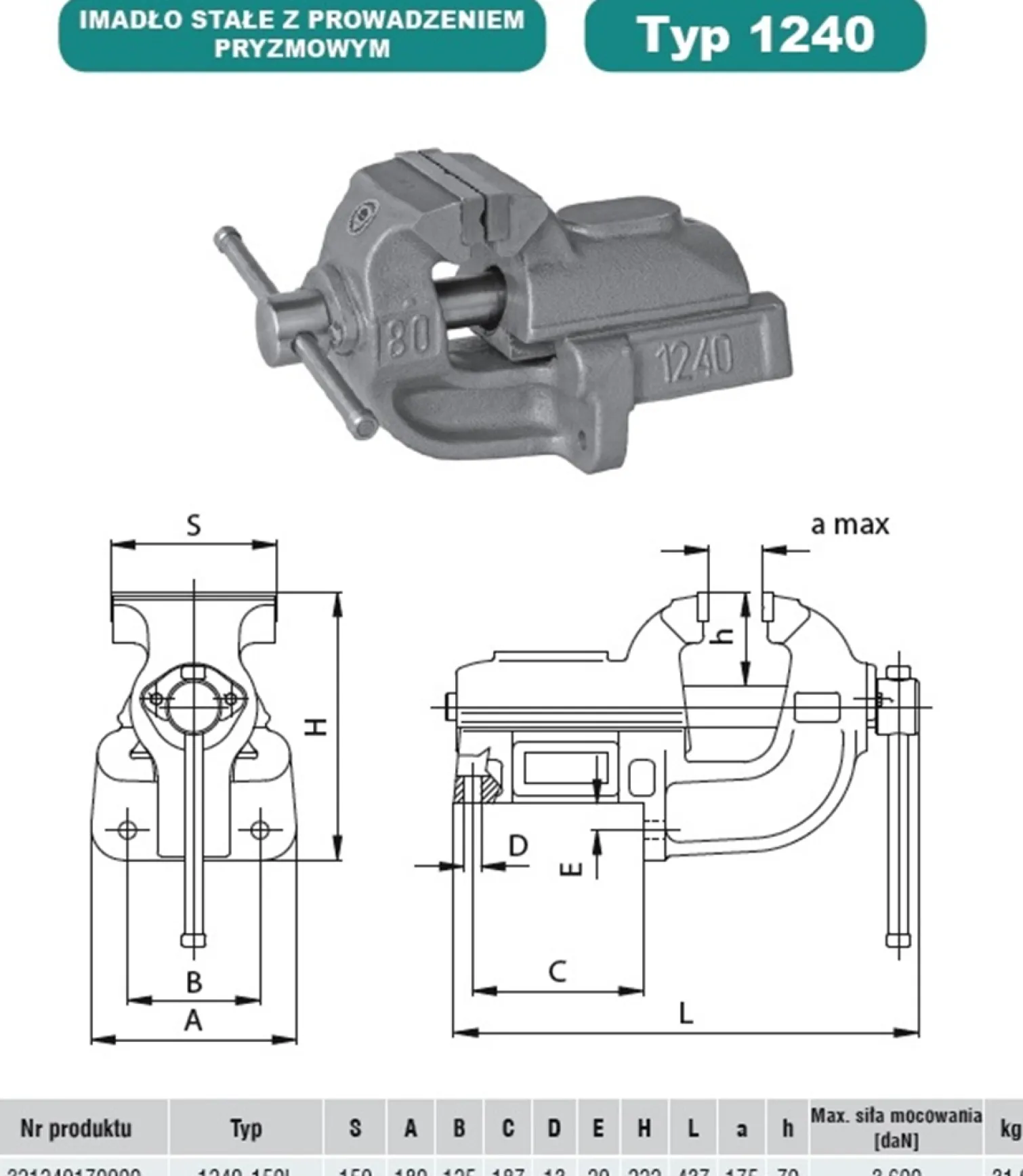 Imadło ślusarskie 1240-150L stałe z prowadzeniem pryzmowym Bison S.A. 5907412037981