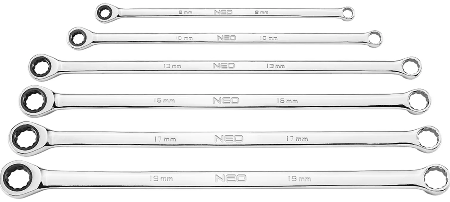 Klucze oczkowe z grzechotką, długie, zestaw 6 szt., 8 - 19 mm, miękkie etui Neo 09-370