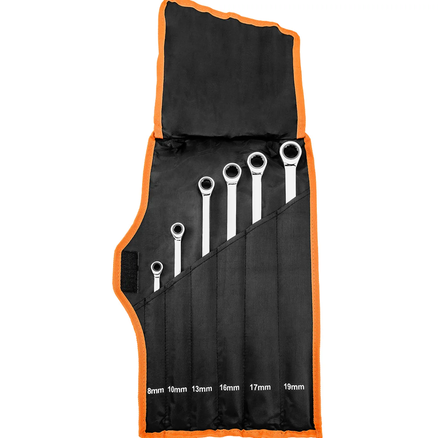Klucze oczkowe z grzechotką, długie, zestaw 6 szt., 8 - 19 mm, miękkie etui Neo 09-370