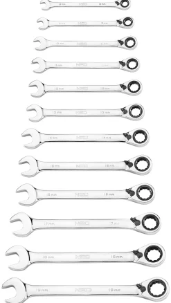 Klucze płasko oczkowe z grzechotką i przełącznikiem, zestaw 12 szt., 8 - 19 mm, miękkie etui Neo 09-345