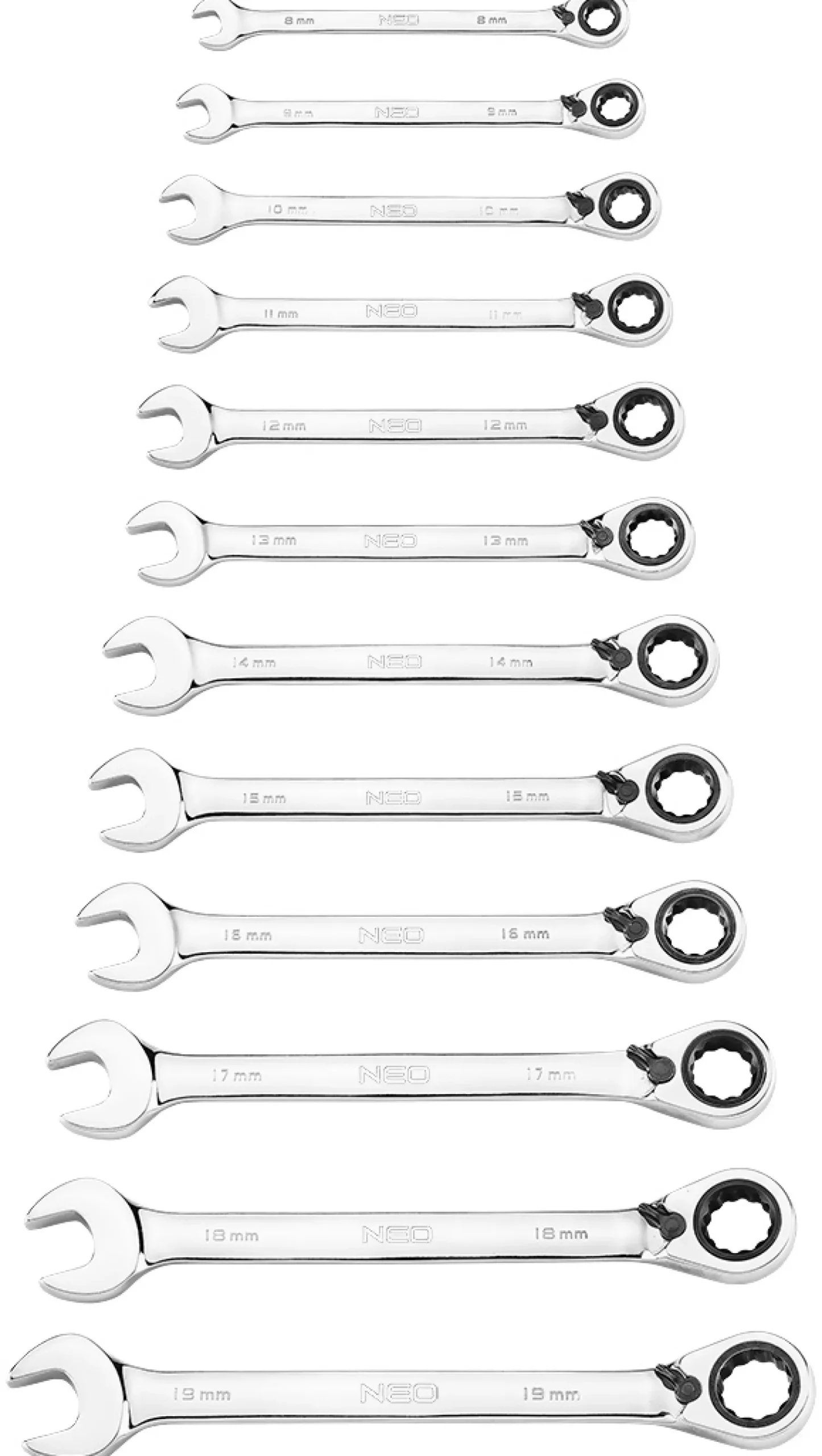 Klucze płasko oczkowe z grzechotką i przełącznikiem, zestaw 12 szt., 8 - 19 mm, miękkie etui Neo 09-345