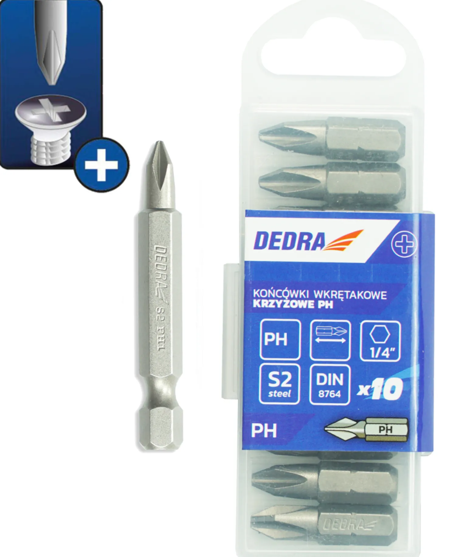 Końcówki wkrętakowe Phillips PH2x50mm, 10szt pudełko plast Dedra 18A06PH21-10