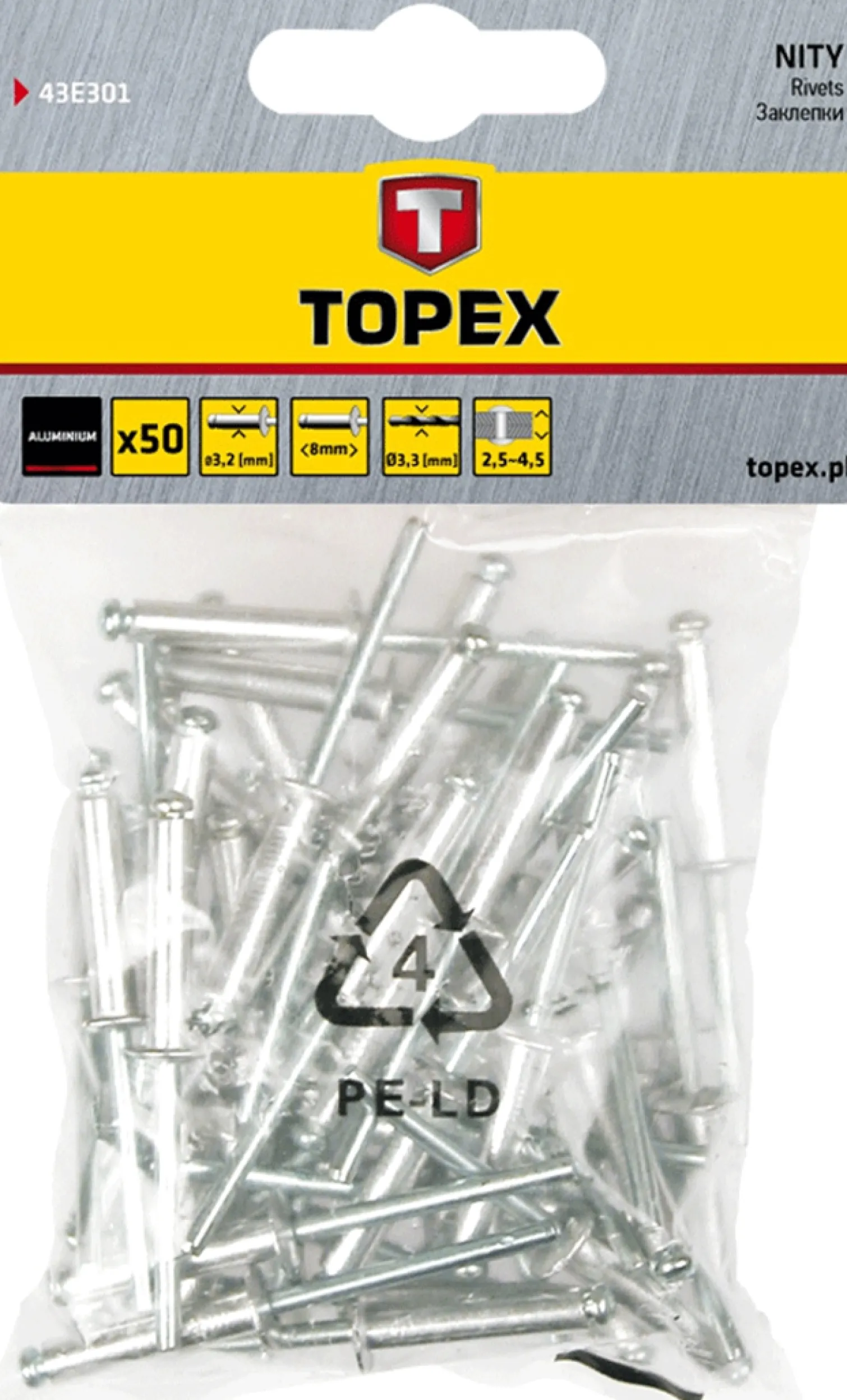 Nity aluminiowe 4.0x10mm, 800szt. Topex 43E421