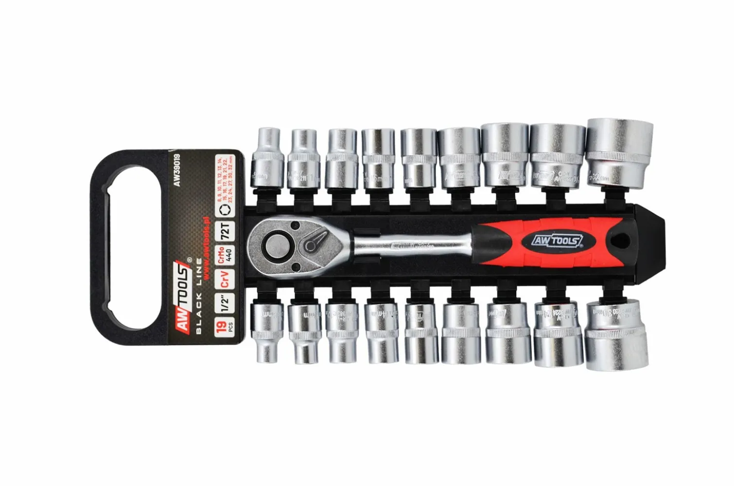 Zestaw kluczy nasadowych 1/2" z grzechotką, 19 elementów Awtools AW39019