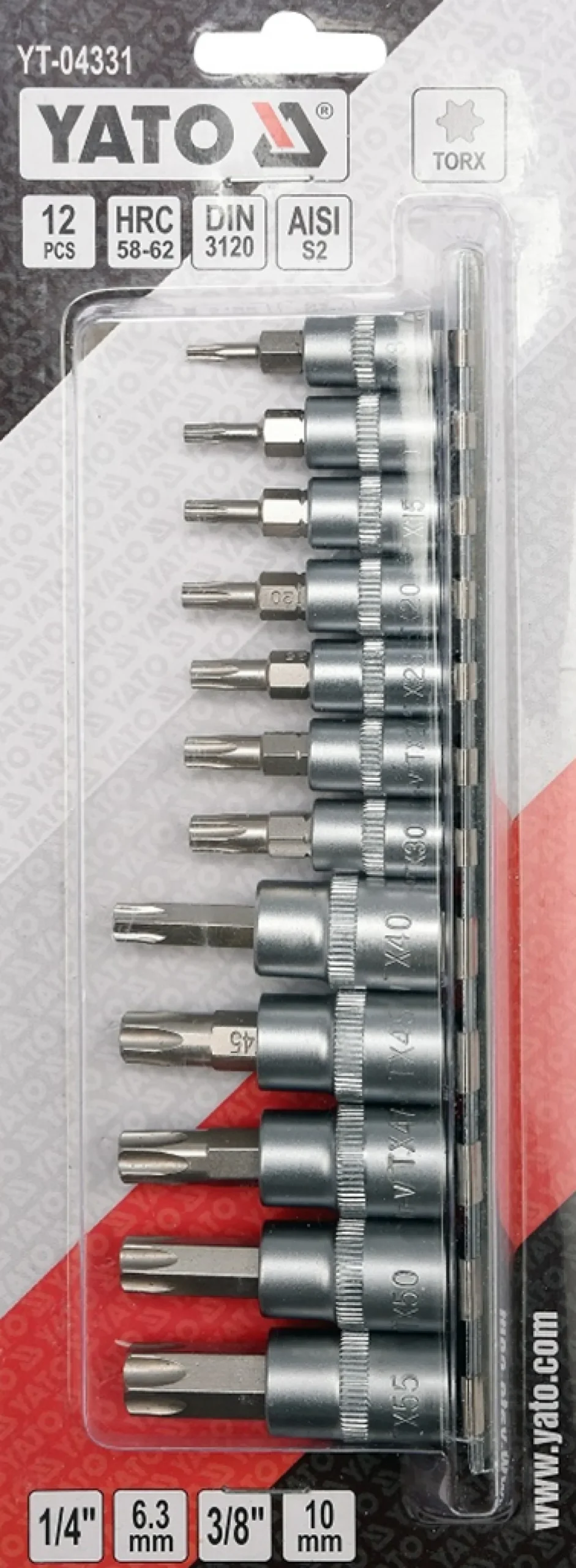 Zestaw kluczy trzpieniowych 1/4" 3/8" Torx na szynie 12szt. Yato YT-04331