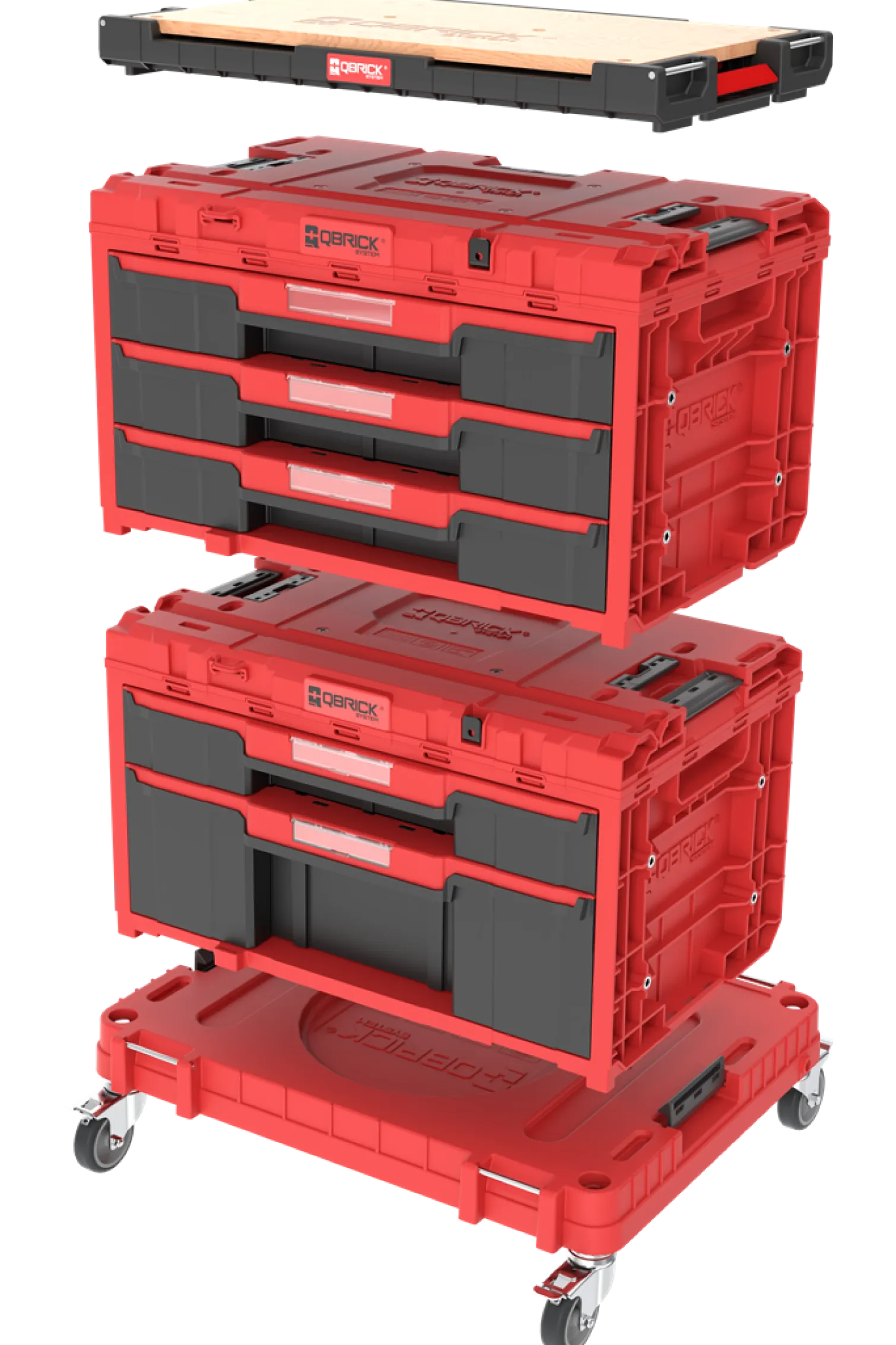 Zestaw szuflad na platformie kołowej Qbrick System ONE 2.0 WORKSHOP DRAWERS SET nr 5 RED Ultra HD Custom