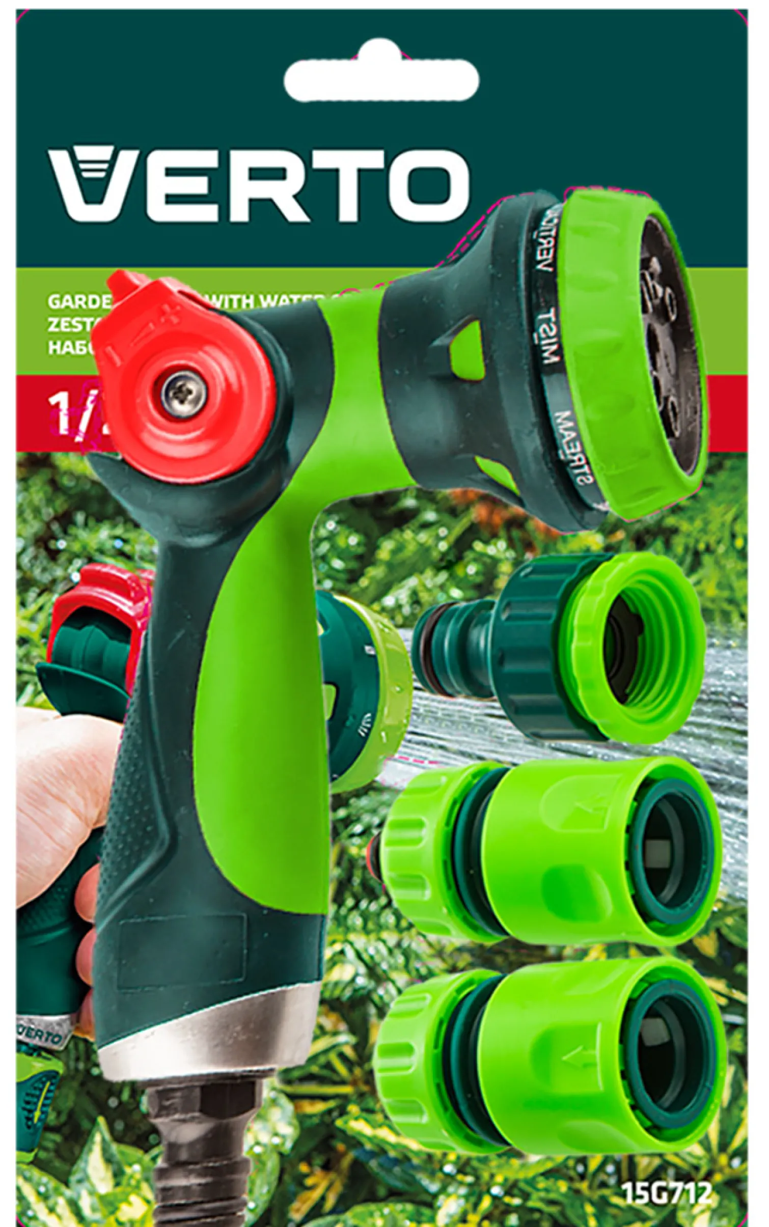 Zestaw z pistoletem zraszającym, złączkami, przyłączem do kranu 1/2" Verto 15G712